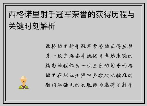 西格诺里射手冠军荣誉的获得历程与关键时刻解析